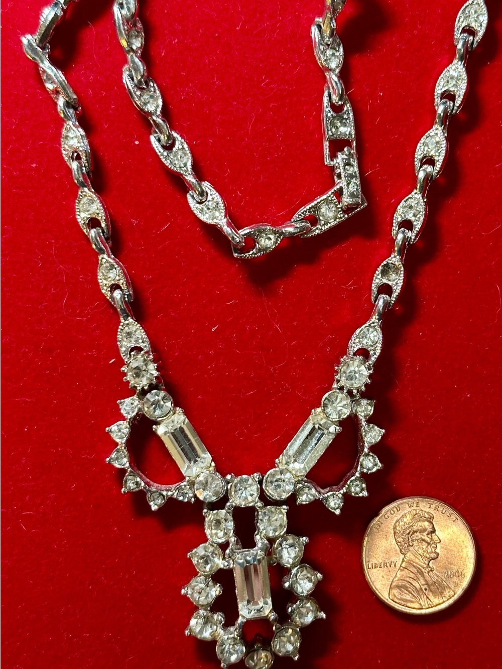 Vintage Statement Chocker Necklace - Clear Rhinestone Pendant in Silver- tone